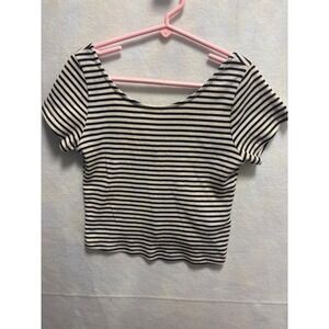 Zara Trafaluc Striped Ribbed Crop Top Navy & White Short Sleeve Scoop Neck S